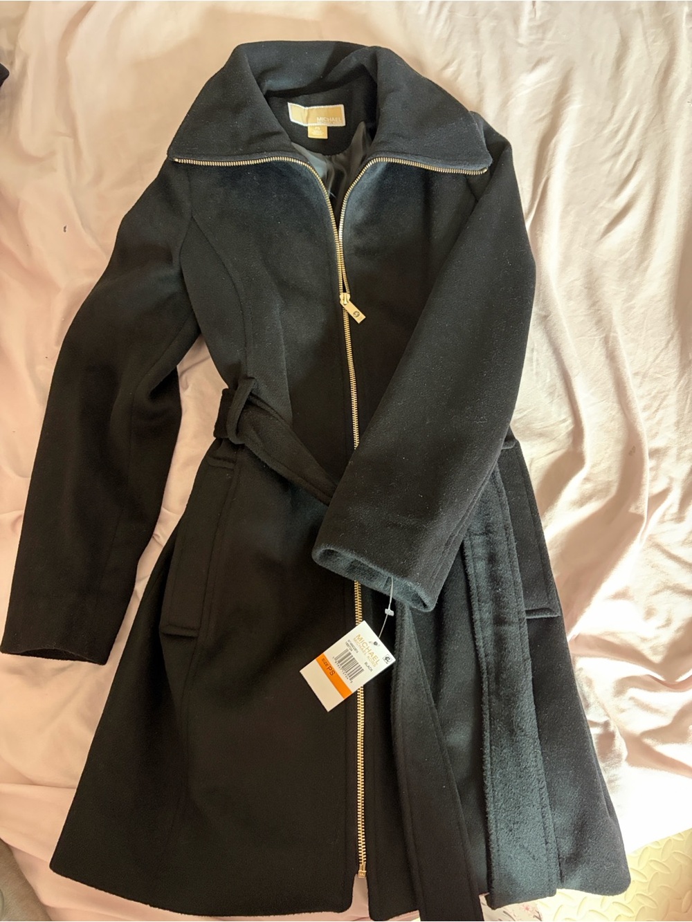 Michael Kors Black Belted Wool-Blend Trench Coat with Gold Zip